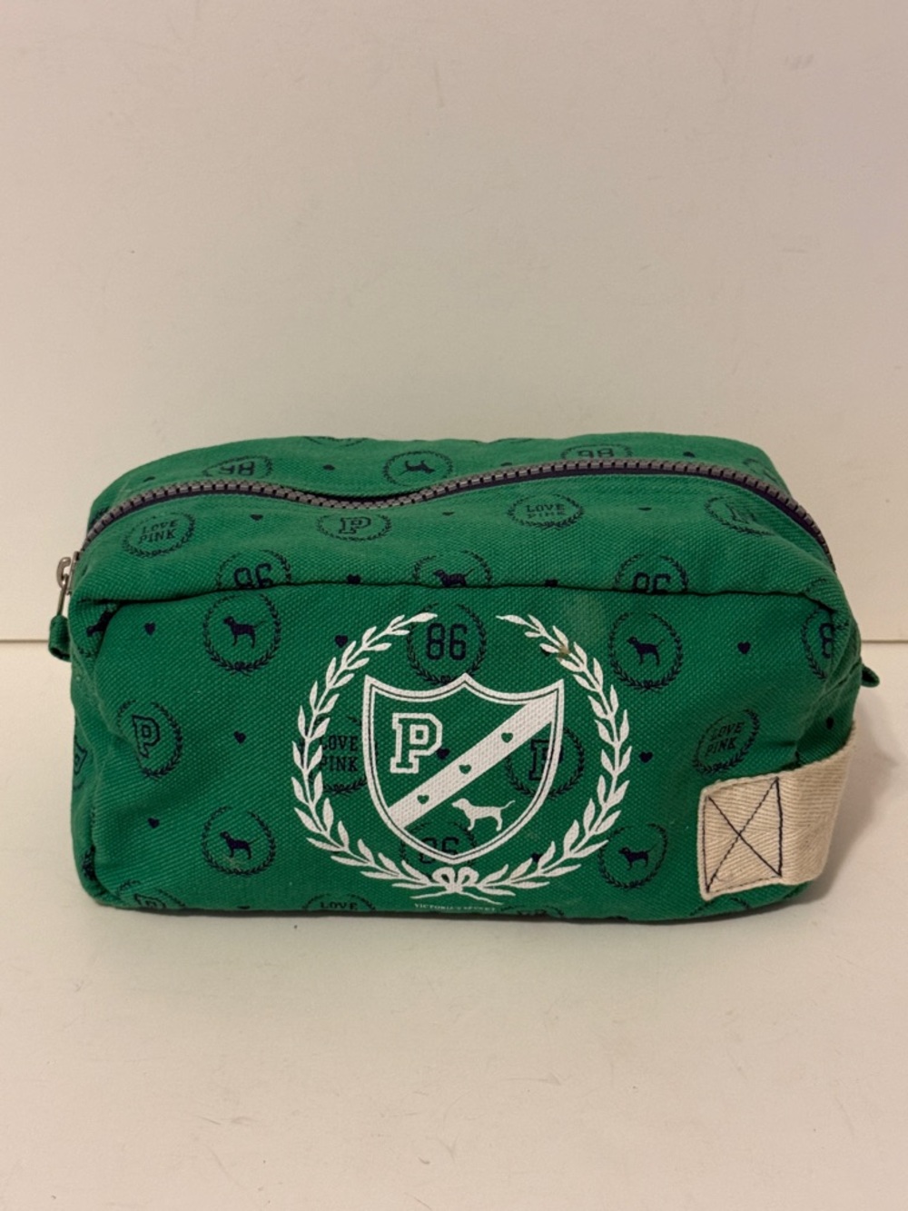 Victoria’s Secret PINK old school crest make up pencil bag pouch zipper canvas